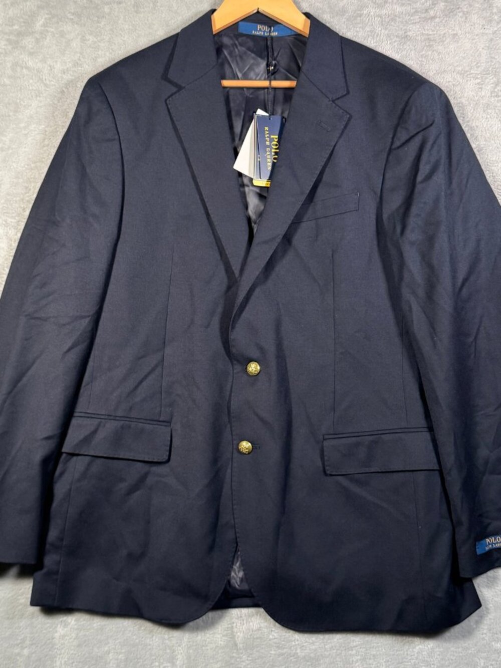 Polo Ralph Lauren Blazer Mens 44L Navy Wool Modern Fit Gabardine Gold Button$398